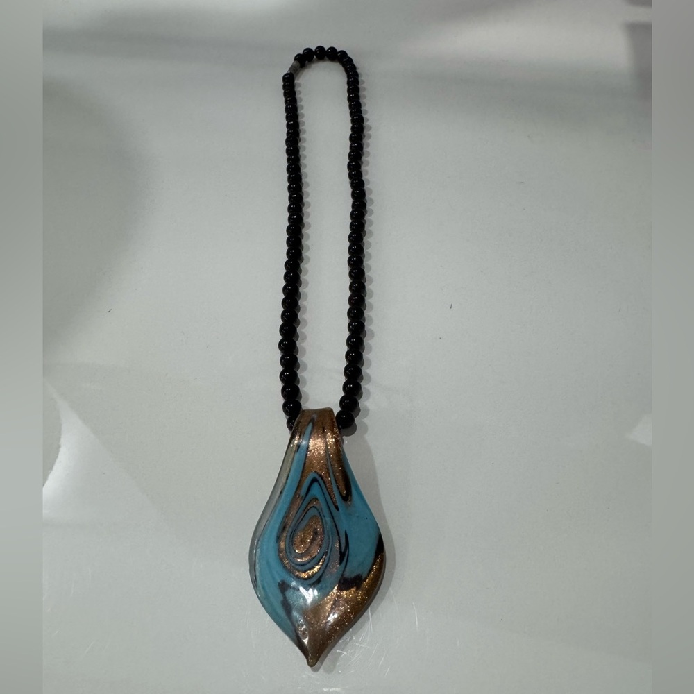 Elegant Murano Glass Blue and Gold Pendant short Necklace